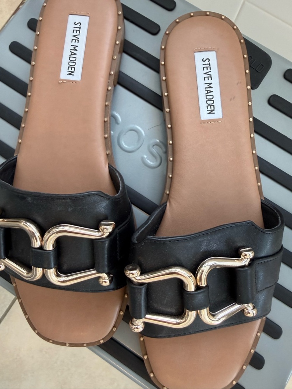 Steve Madden Black Slide Sandals with Gold Chain Detail